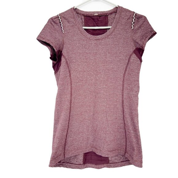 LULULEMON Star Runner Shortβ Sleeves Red & White Bordeaux Tonka Stripes Sz 10 - Picture 3 of 6